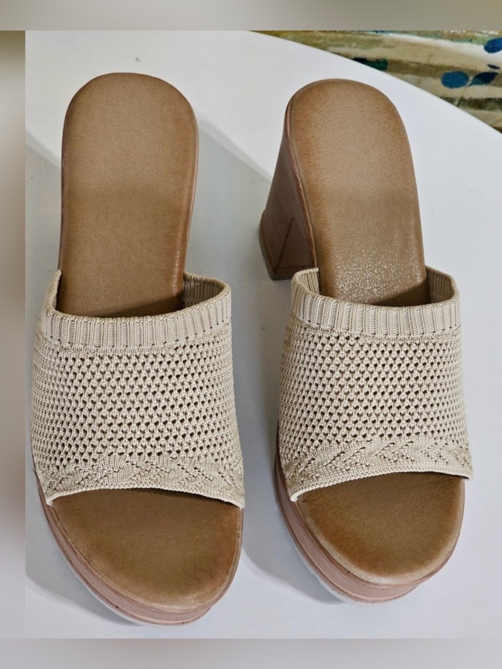 Beige Knit Platform Mule Heels - Women Casual Summer Resort Office Shoes - Picture 3 of 10